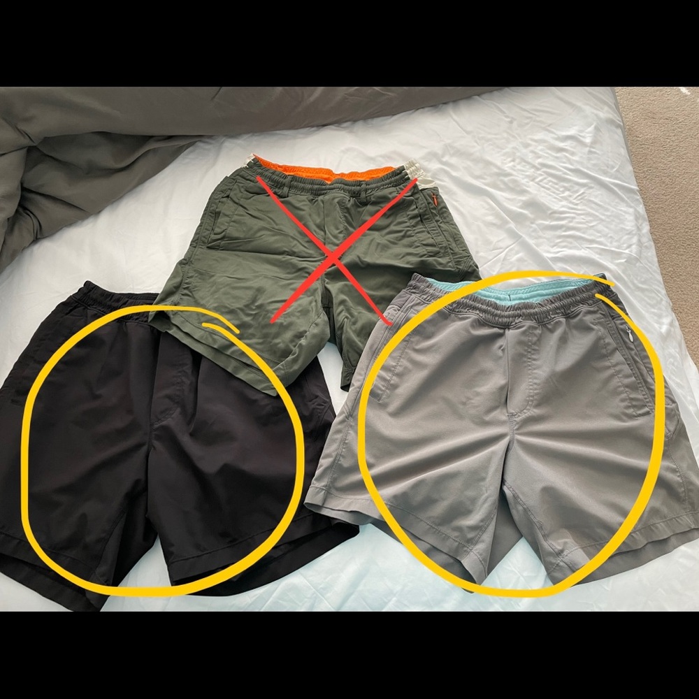 3 pairs of medium 7-inch inseam Birddog shorts